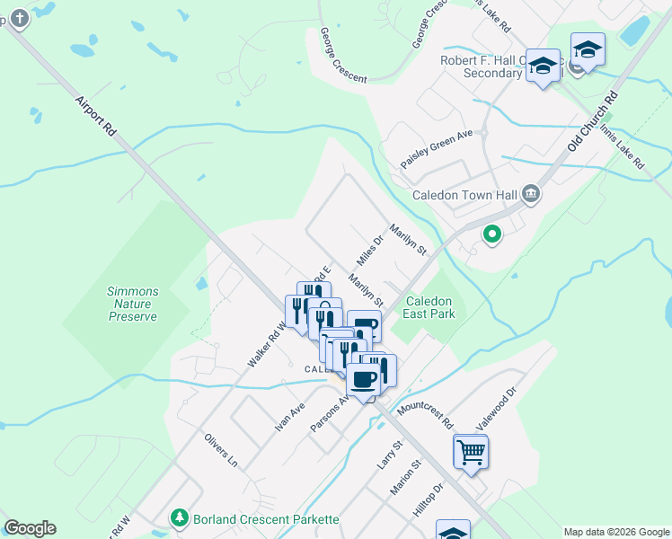 map of restaurants, bars, coffee shops, grocery stores, and more near 28 Walker Road East in Caledon East