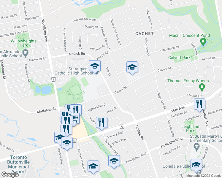 map of restaurants, bars, coffee shops, grocery stores, and more near 2163 Rodick Road in Markham