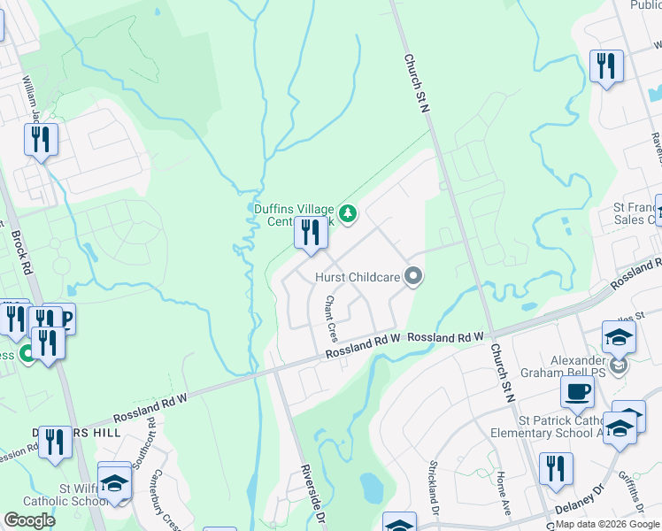 map of restaurants, bars, coffee shops, grocery stores, and more near Stannardville Drive in Ajax