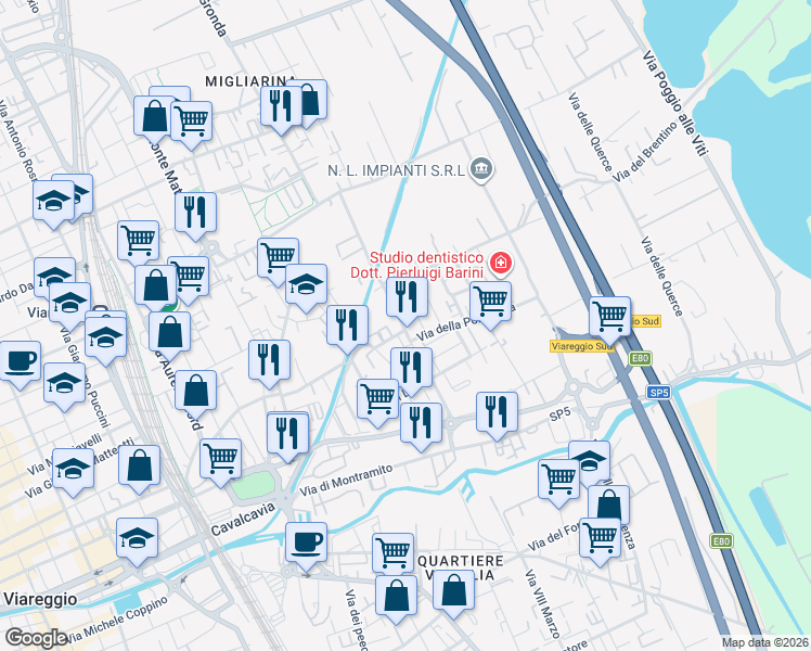 map of restaurants, bars, coffee shops, grocery stores, and more near 2 Via dei Platani in Viareggio