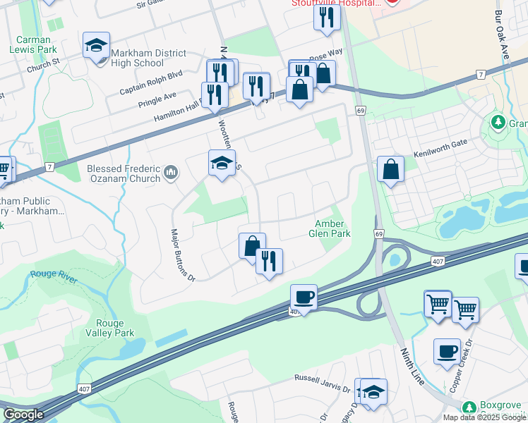 map of restaurants, bars, coffee shops, grocery stores, and more near 51 Wootten Way South in Markham