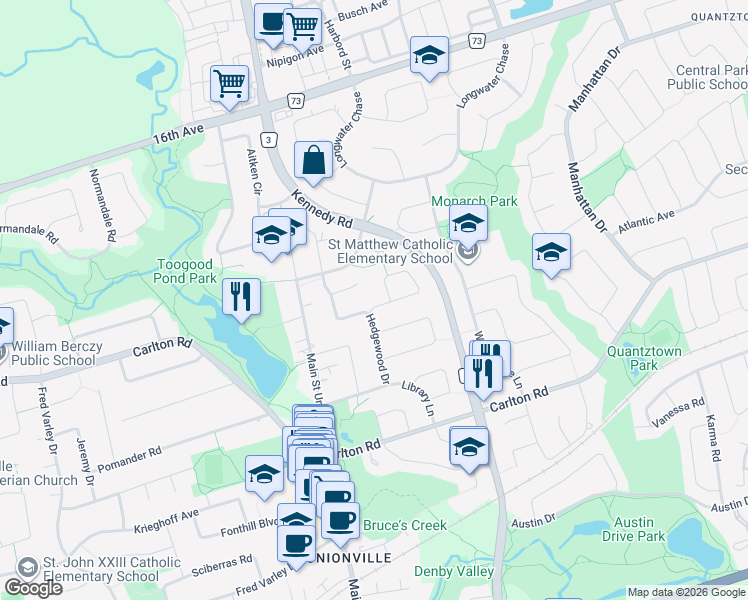 map of restaurants, bars, coffee shops, grocery stores, and more near 6 Dalecroft Circle in Markham