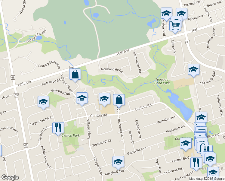 map of restaurants, bars, coffee shops, grocery stores, and more near 37 Millstone Court in Markham
