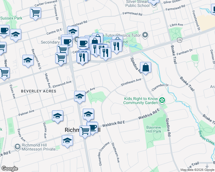 map of restaurants, bars, coffee shops, grocery stores, and more near 501 Palmer Avenue in Richmond Hill