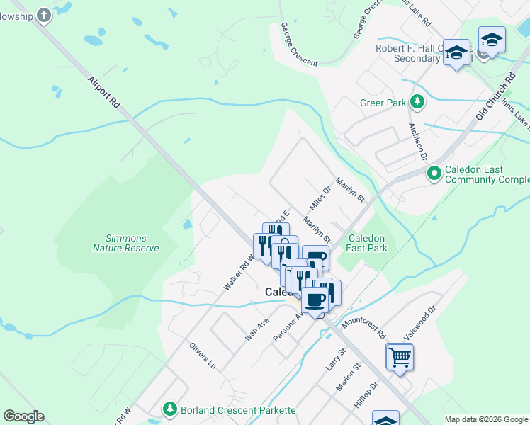 map of restaurants, bars, coffee shops, grocery stores, and more near 5 McKee Drive in Caledon