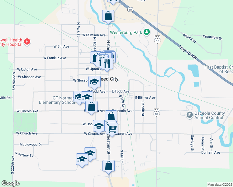 map of restaurants, bars, coffee shops, grocery stores, and more near 123 East Todd Avenue in Reed City