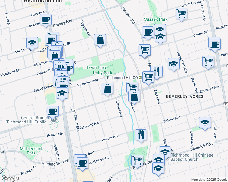 map of restaurants, bars, coffee shops, grocery stores, and more near 125 Pugsley Avenue in Richmond Hill