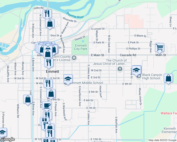 map of restaurants, bars, coffee shops, grocery stores, and more near 315 South Johns Avenue in Emmett