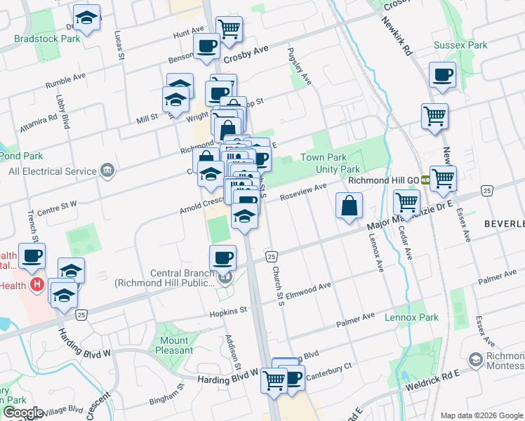 map of restaurants, bars, coffee shops, grocery stores, and more near 74 Church Street South in Richmond Hill