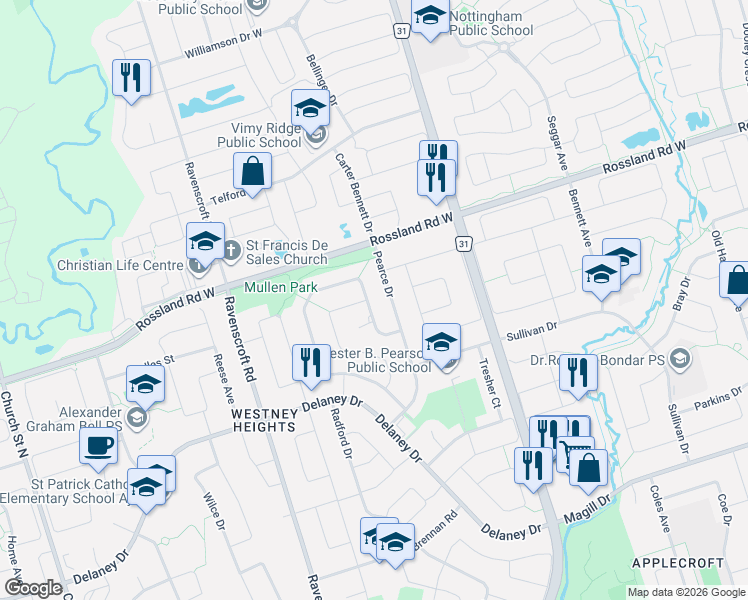map of restaurants, bars, coffee shops, grocery stores, and more near 71 Dakin Drive in Ajax