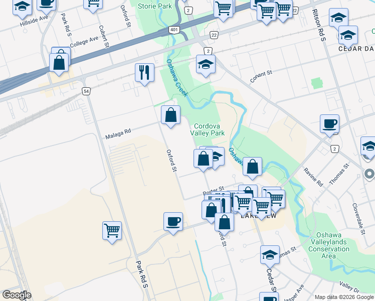 map of restaurants, bars, coffee shops, grocery stores, and more near 888 Glen Street in Oshawa