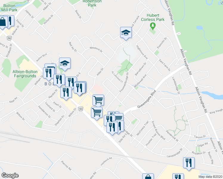 map of restaurants, bars, coffee shops, grocery stores, and more near 11 Royal Terrace Crescent in Caledon