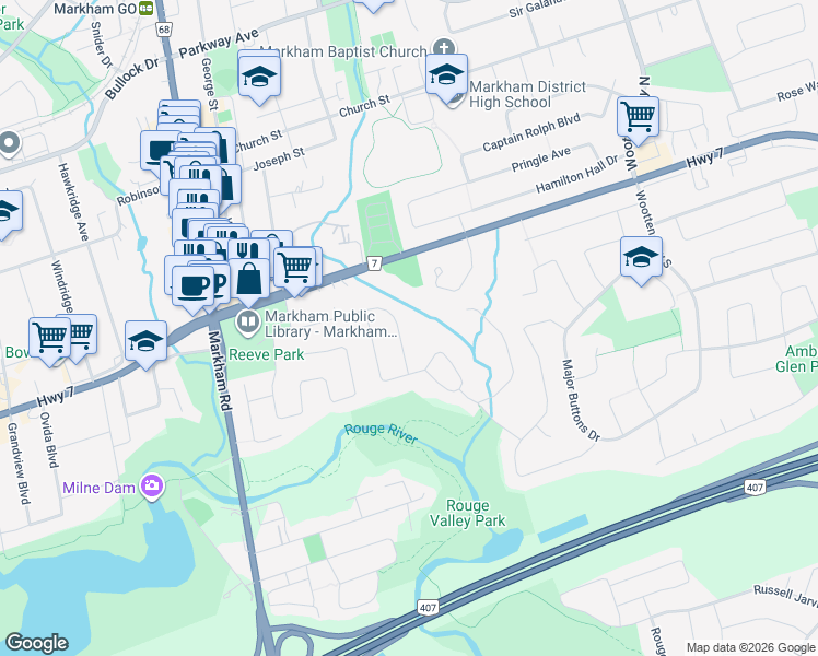 map of restaurants, bars, coffee shops, grocery stores, and more near 34 Rougecrest Drive in Markham