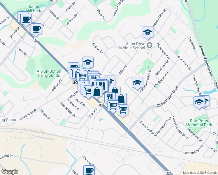 map of restaurants, bars, coffee shops, grocery stores, and more near 61 Allan Drive in Caledon