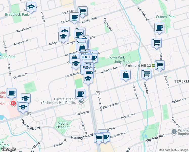 map of restaurants, bars, coffee shops, grocery stores, and more near 72 Church Street South in Richmond Hill