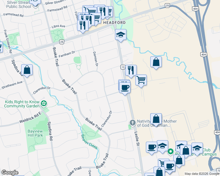 map of restaurants, bars, coffee shops, grocery stores, and more near 7 Kingmount Crescent in Richmond Hill