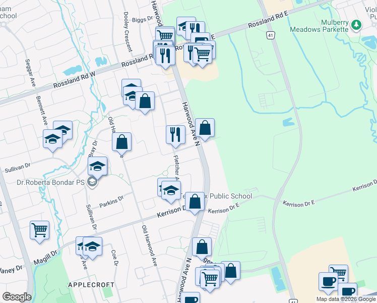 map of restaurants, bars, coffee shops, grocery stores, and more near 16 Hibbard Drive in Ajax