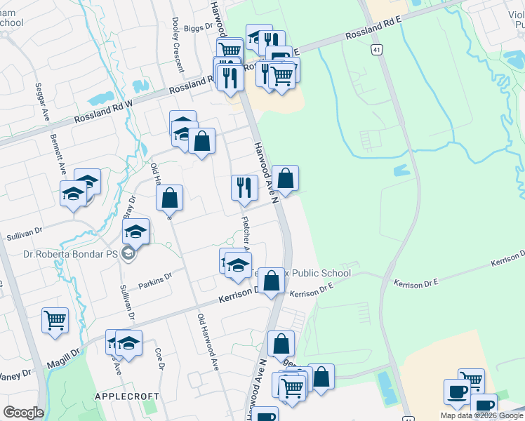 map of restaurants, bars, coffee shops, grocery stores, and more near 16 Hibbard Drive in Ajax