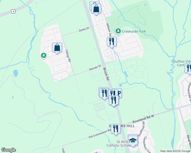 map of restaurants, bars, coffee shops, grocery stores, and more near 1695 Dersan Street in Pickering