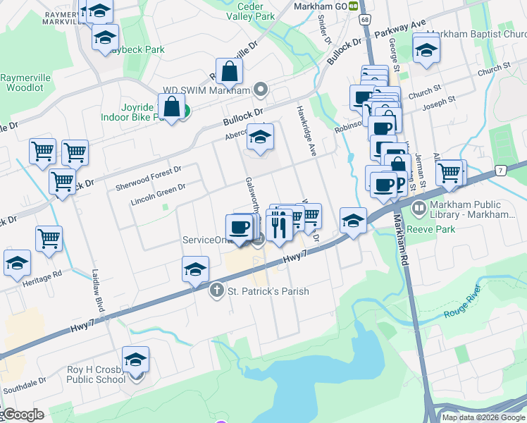 map of restaurants, bars, coffee shops, grocery stores, and more near 11 Galsworthy Drive in Markham