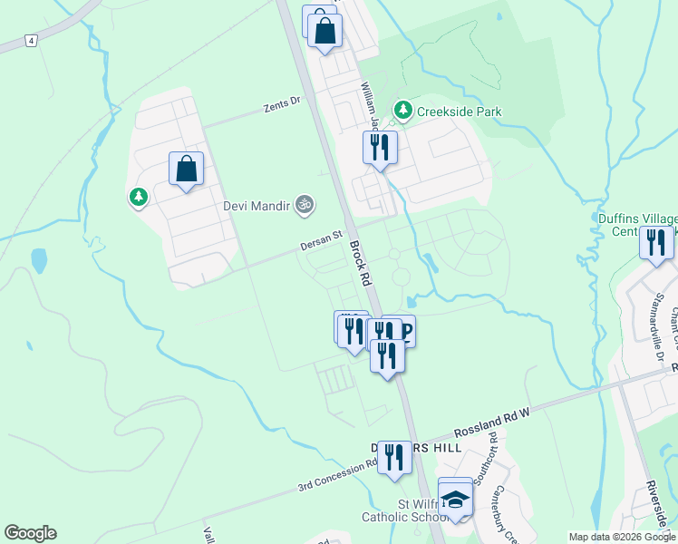 map of restaurants, bars, coffee shops, grocery stores, and more near 2540 Brock Road in Pickering