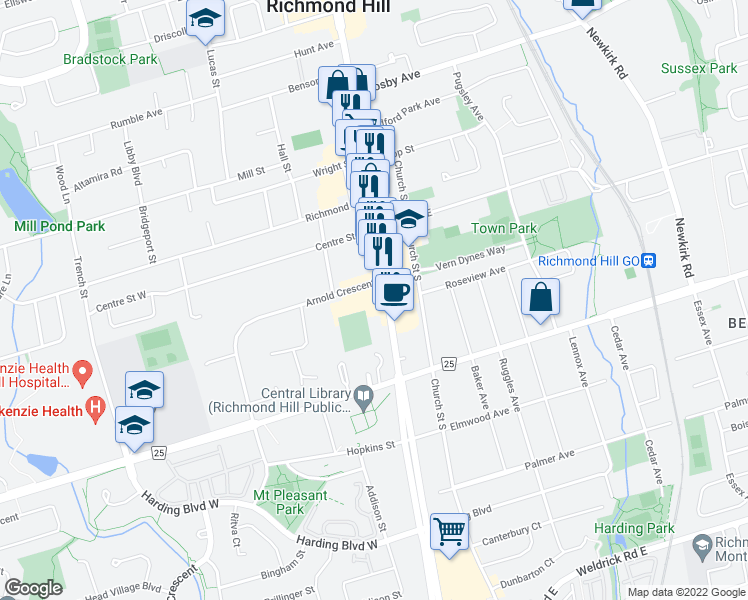 map of restaurants, bars, coffee shops, grocery stores, and more near 10100 Yonge Street in Richmond Hill