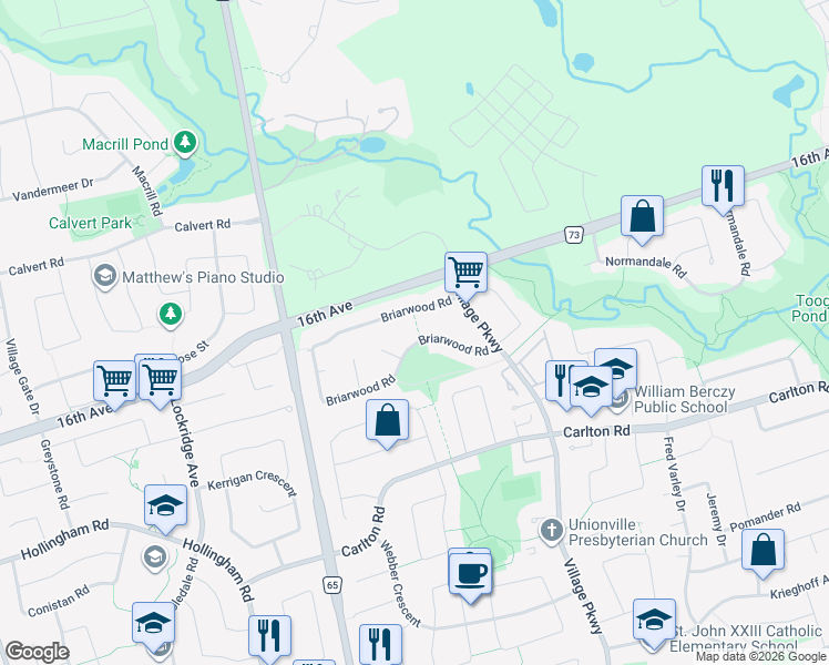 map of restaurants, bars, coffee shops, grocery stores, and more near 125 Briarwood Road in Markham