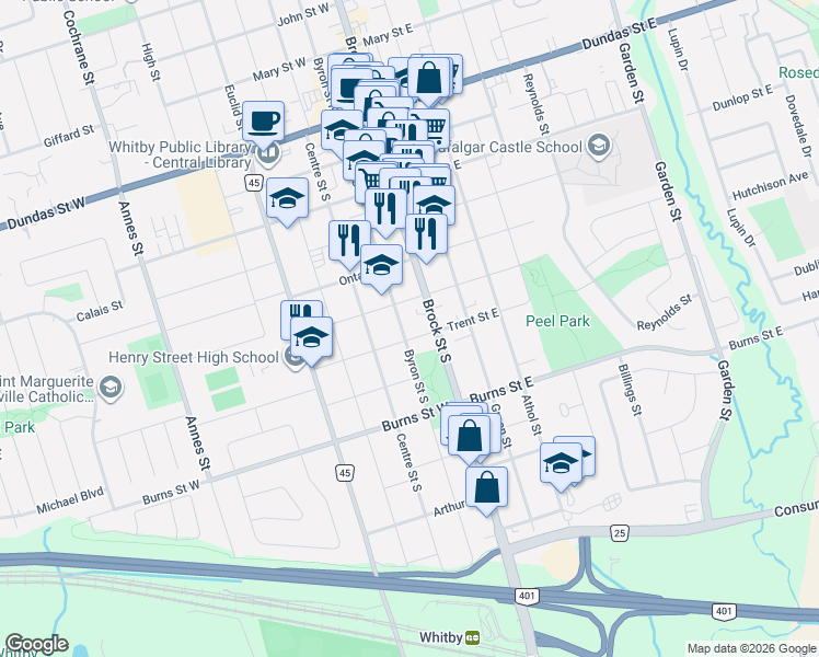 map of restaurants, bars, coffee shops, grocery stores, and more near 621 Byron Street South in Whitby