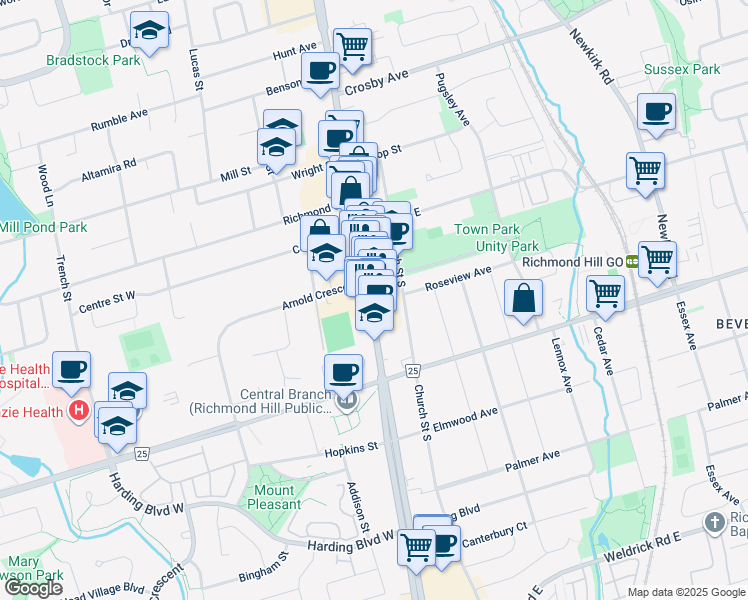 map of restaurants, bars, coffee shops, grocery stores, and more near 10101 Yonge Street in Richmond Hill