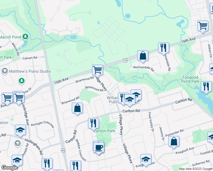 map of restaurants, bars, coffee shops, grocery stores, and more near 677 Village Parkway in Markham