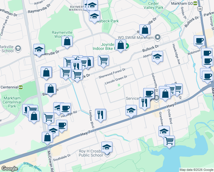 map of restaurants, bars, coffee shops, grocery stores, and more near 45 Lincoln Green Drive in Markham