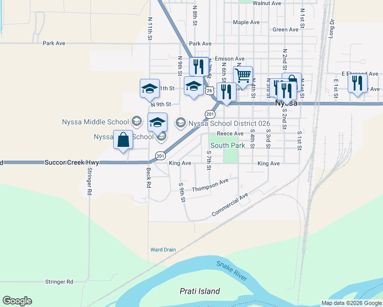 map of restaurants, bars, coffee shops, grocery stores, and more near 810 King Avenue in Nyssa
