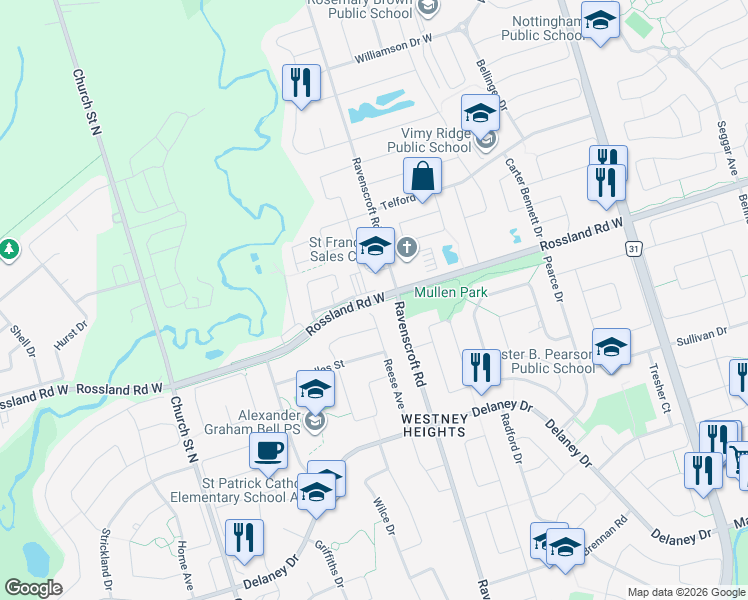 map of restaurants, bars, coffee shops, grocery stores, and more near 447 Rossland Road West in Ajax