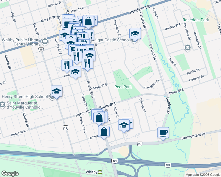 map of restaurants, bars, coffee shops, grocery stores, and more near 707 Athol Street in Whitby