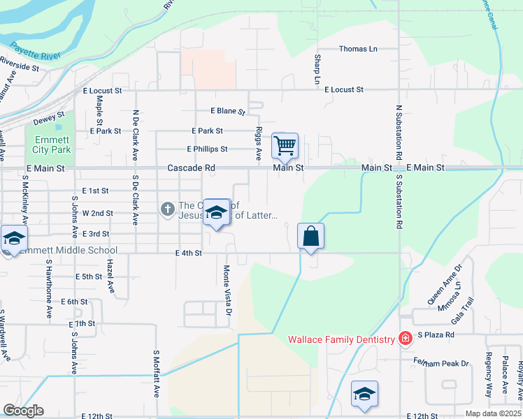 map of restaurants, bars, coffee shops, grocery stores, and more near 223 Erickson Avenue in Emmett