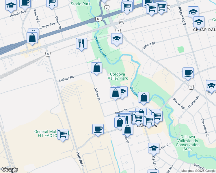 map of restaurants, bars, coffee shops, grocery stores, and more near 888 Glen Street in Oshawa