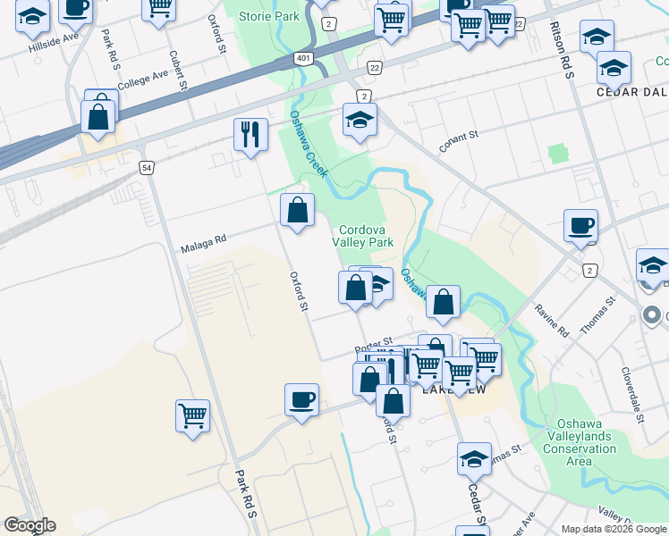 map of restaurants, bars, coffee shops, grocery stores, and more near 888 Glen Street in Oshawa