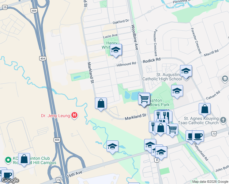map of restaurants, bars, coffee shops, grocery stores, and more near 55 Moss Creek Boulevard in Markham