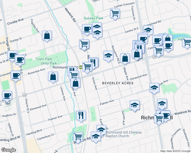 map of restaurants, bars, coffee shops, grocery stores, and more near 145 Essex Avenue in Richmond Hill