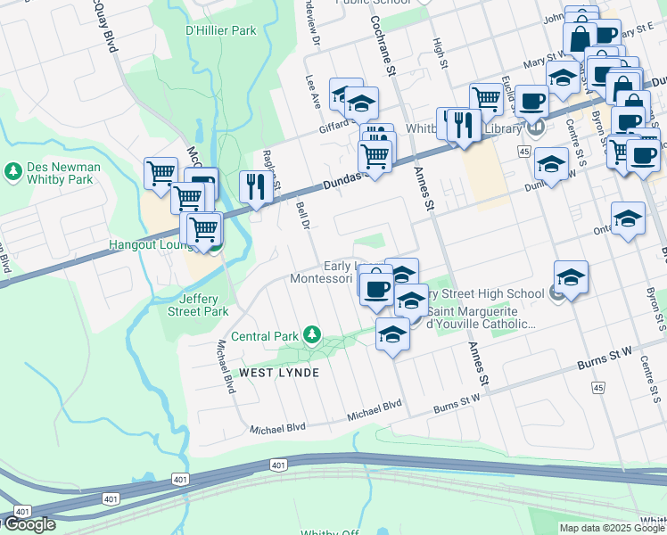 map of restaurants, bars, coffee shops, grocery stores, and more near 25 Michael Boulevard in Whitby