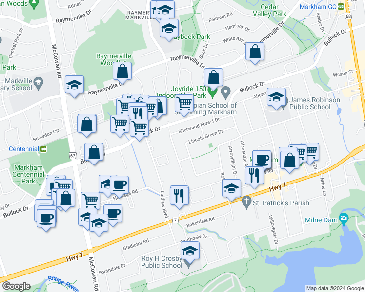 map of restaurants, bars, coffee shops, grocery stores, and more near 48 Lincoln Green Drive in Markham