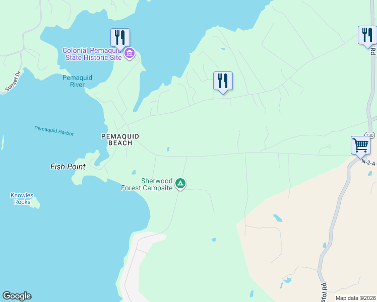 map of restaurants, bars, coffee shops, grocery stores, and more near 7 Pemaquid Trail in Bristol
