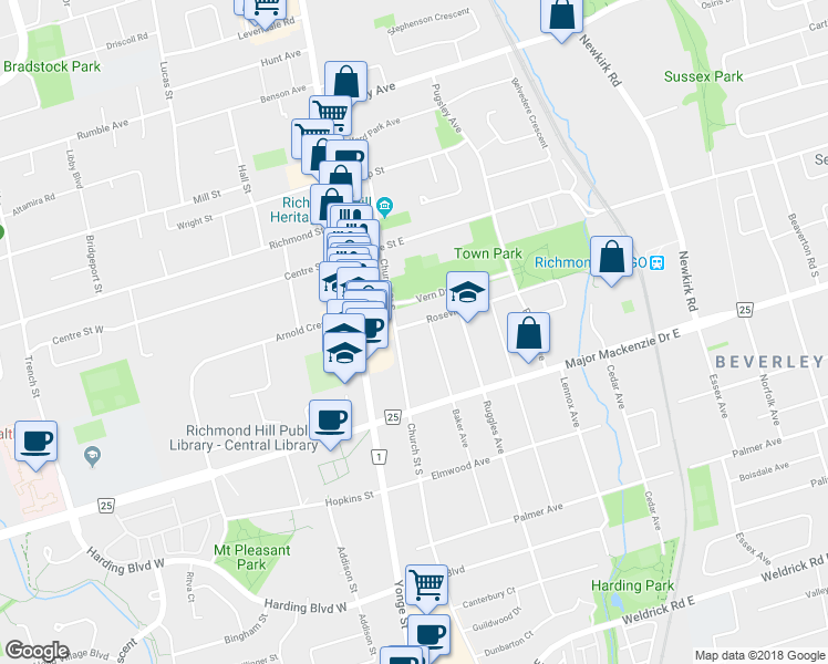 map of restaurants, bars, coffee shops, grocery stores, and more near 42 Roseview Avenue in Richmond Hill