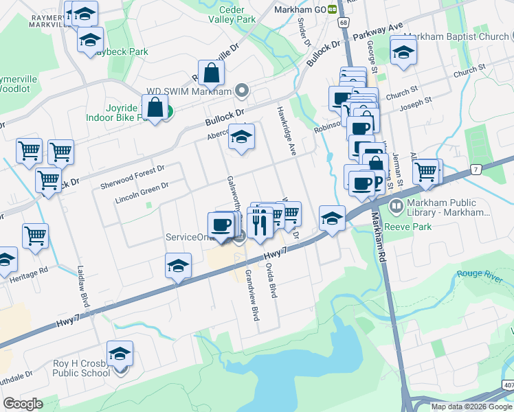 map of restaurants, bars, coffee shops, grocery stores, and more near 12 Jonquil Crescent in Markham