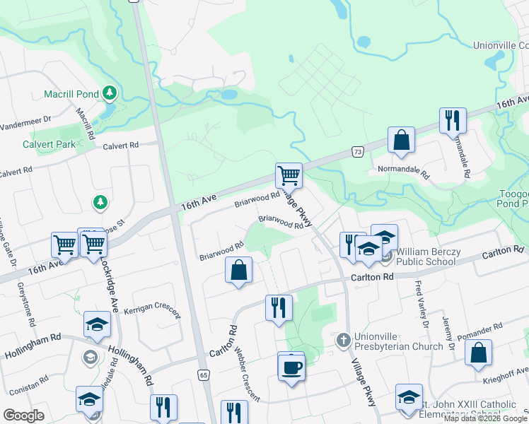 map of restaurants, bars, coffee shops, grocery stores, and more near 125 Briarwood Road in Markham