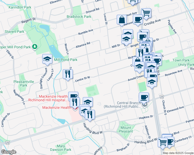 map of restaurants, bars, coffee shops, grocery stores, and more near 2 Bridgeford Street South in Richmond Hill