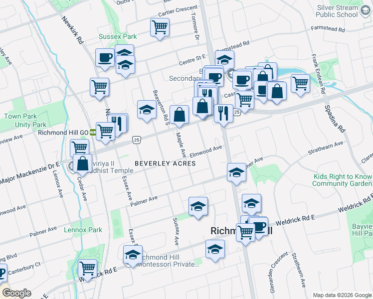 map of restaurants, bars, coffee shops, grocery stores, and more near 181 Maple Avenue in Richmond Hill