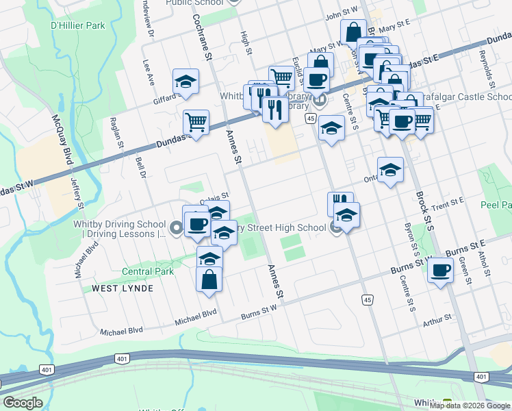 map of restaurants, bars, coffee shops, grocery stores, and more near 403 Annes Street in Whitby