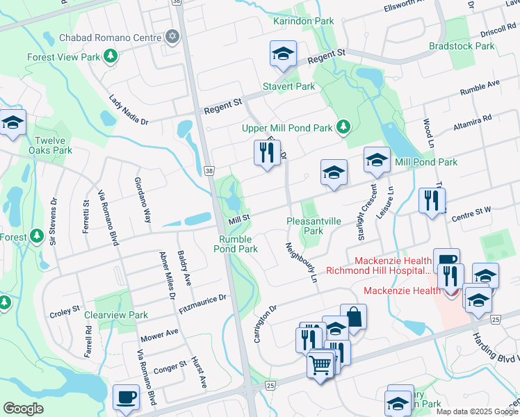 map of restaurants, bars, coffee shops, grocery stores, and more near 447 Mill Street in Richmond Hill