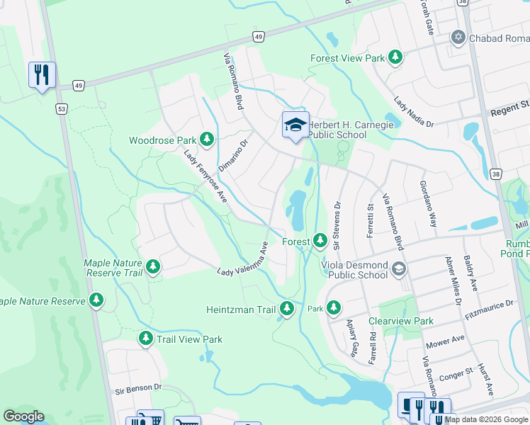 map of restaurants, bars, coffee shops, grocery stores, and more near 8 Little Hannah Lane in Vaughan